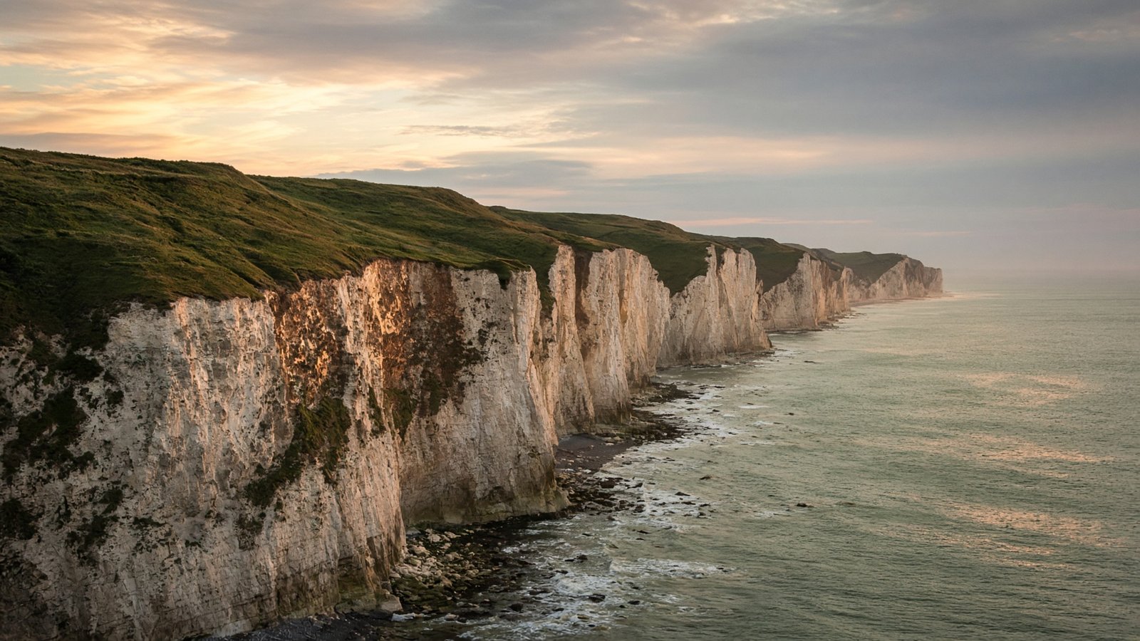 White chalk cliffs above a green-grey sea in late light