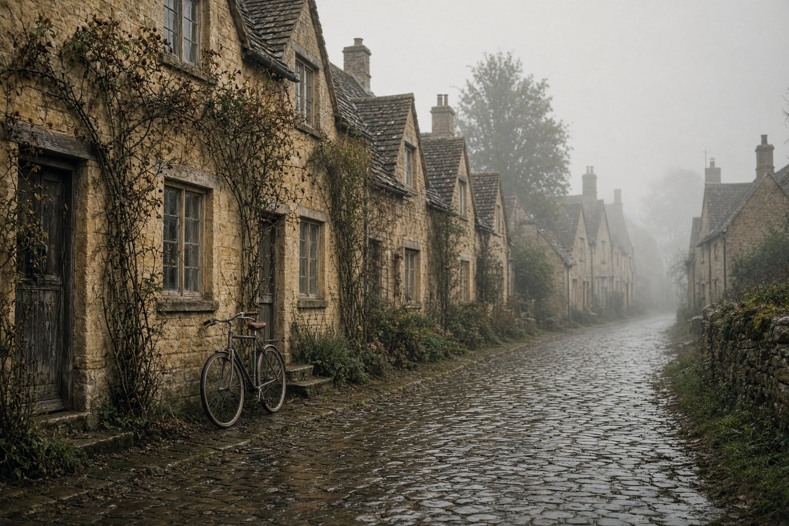 Narrow lane of honey-coloured stone cottages in morning mist