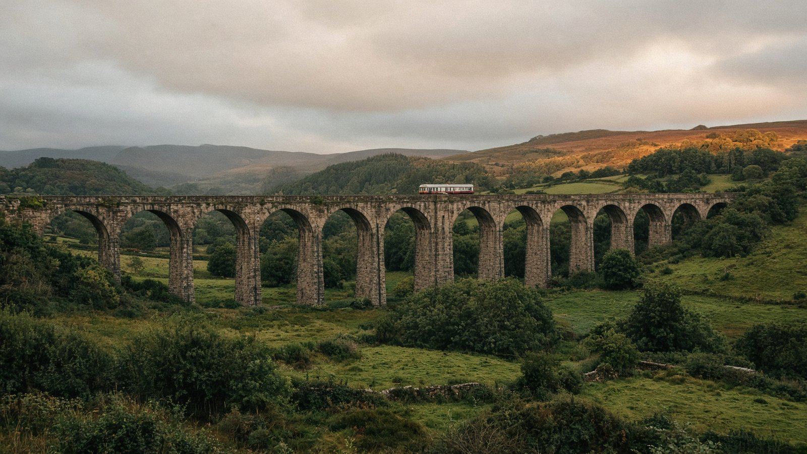 A stone railway viaduct crossing a green British valley