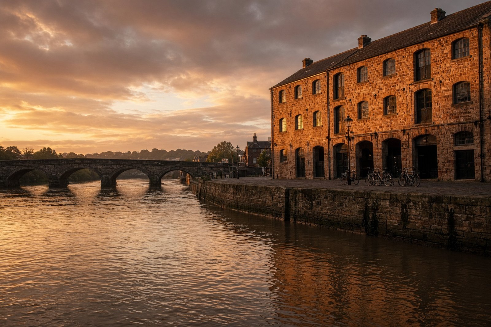 A wide river, sandstone warehouses and a low bridge in evening light