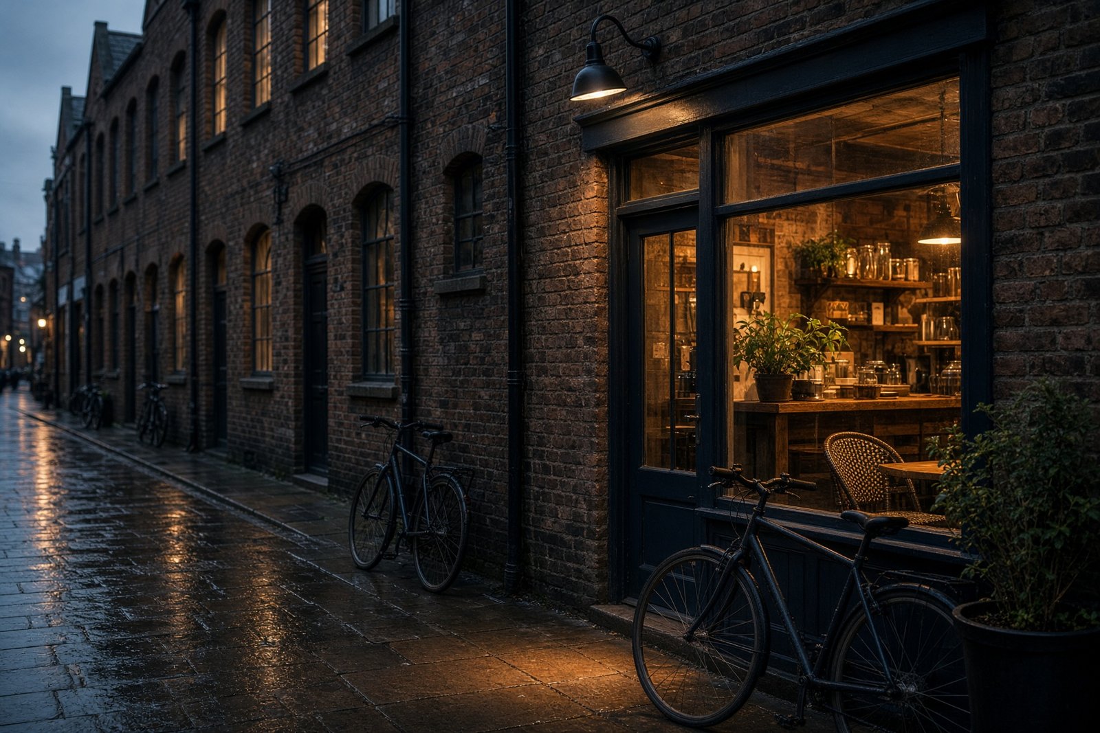 Wet brick side street in a British city at dusk, cafe light on the pavement